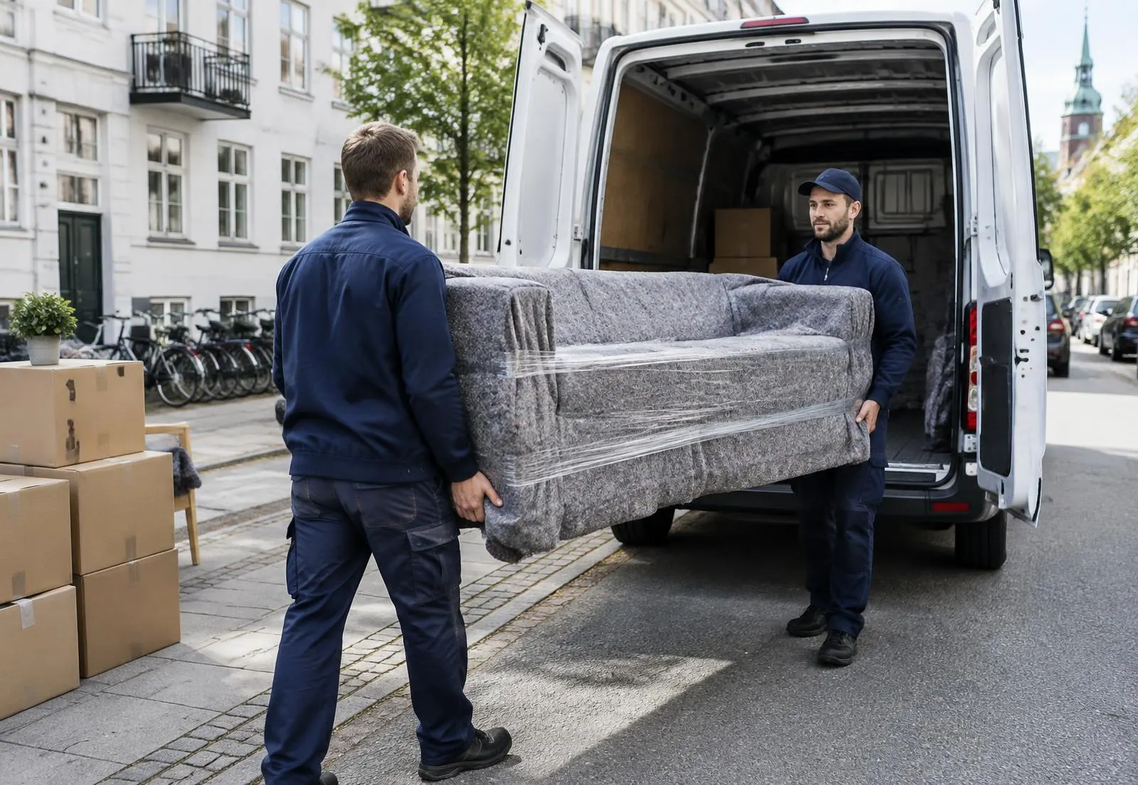 To flyttemænd bærer en sofa pakket i flyttetæpper ud af en flyttebil i København